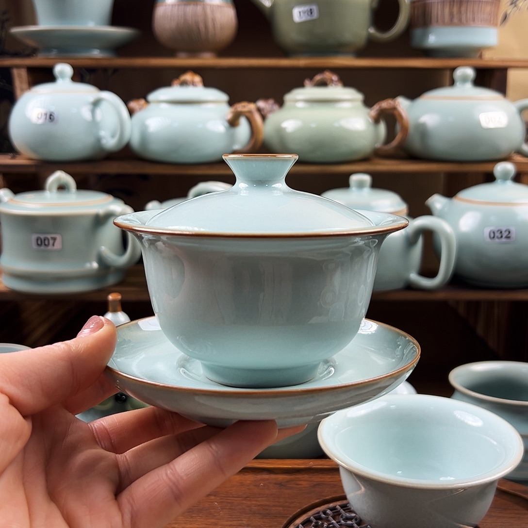 天青釉水三才马蹄盖碗省工赵琳