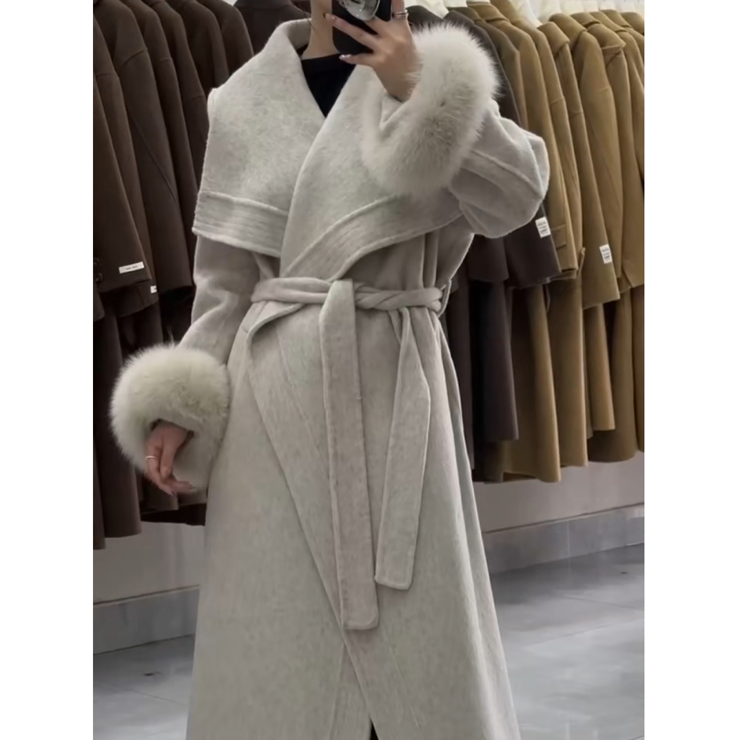冬季长款大翻领袖口毛毛袖双面羊毛大衣秋冬外套