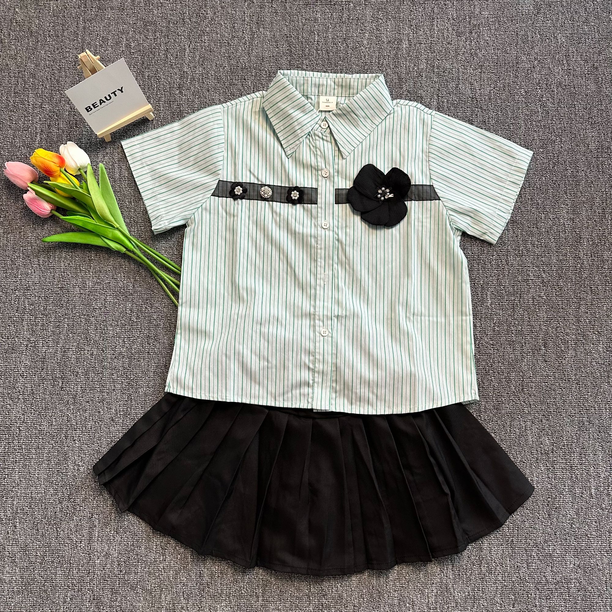 女童夏装套装2025新款儿童短袖衬衫大童女孩网红学院风短裙两件套