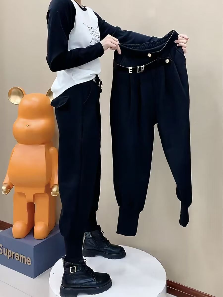 梨形身材穿搭春秋微胖mm休闲西装裤子女显瘦萝卜裤加绒小脚哈伦裤