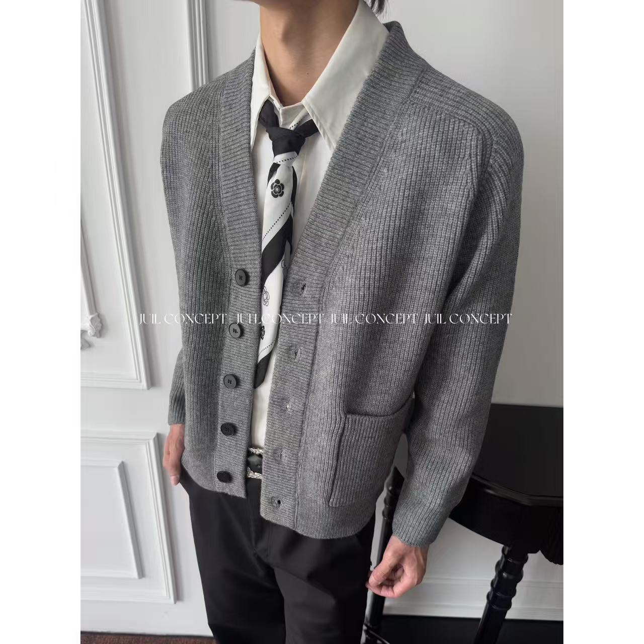 JIU.L 秋冬韩系宽松休闲老钱风开衫高级感潮流V领针织外套