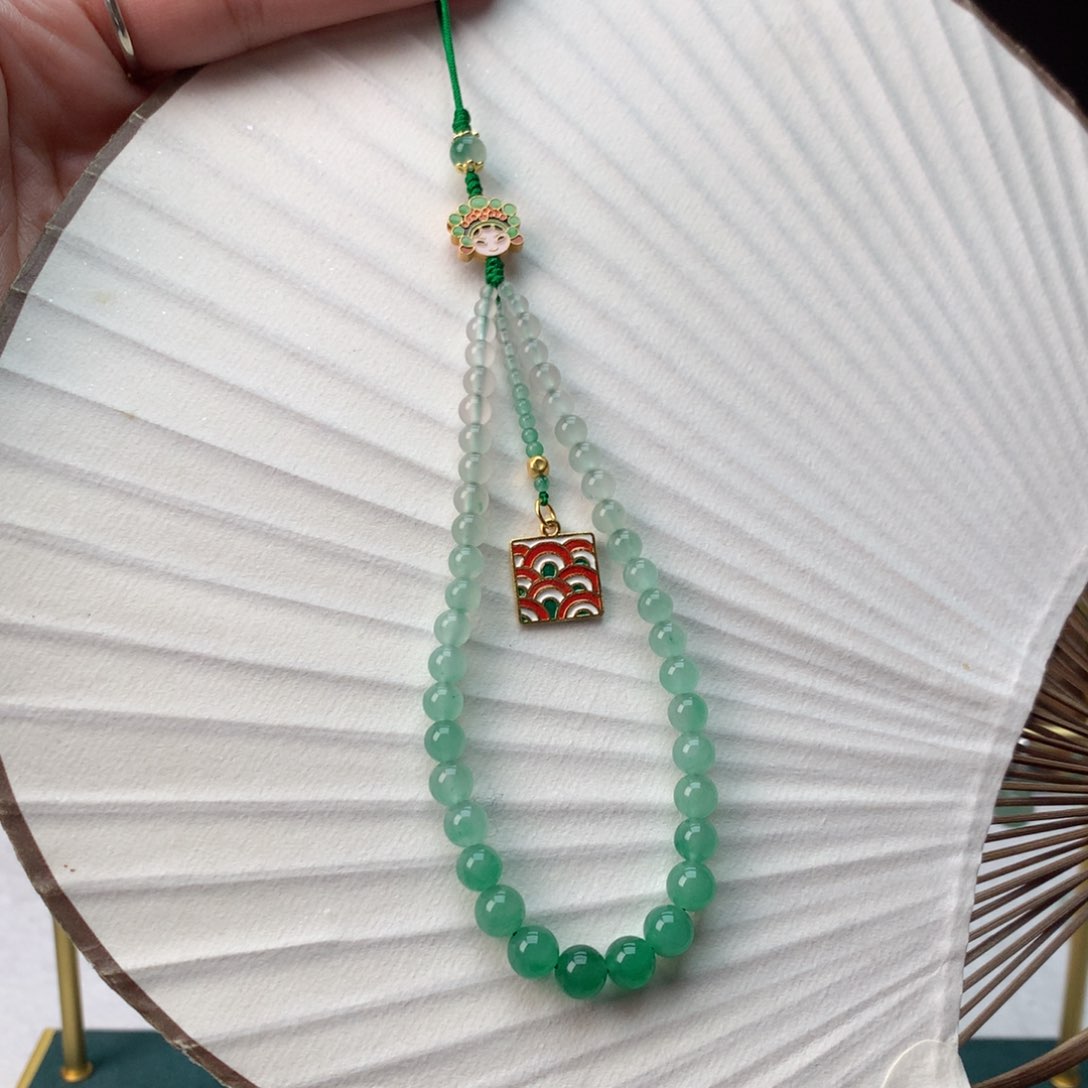 石英质玉冰飘花精品渐变手机链银S925镀金镶嵌