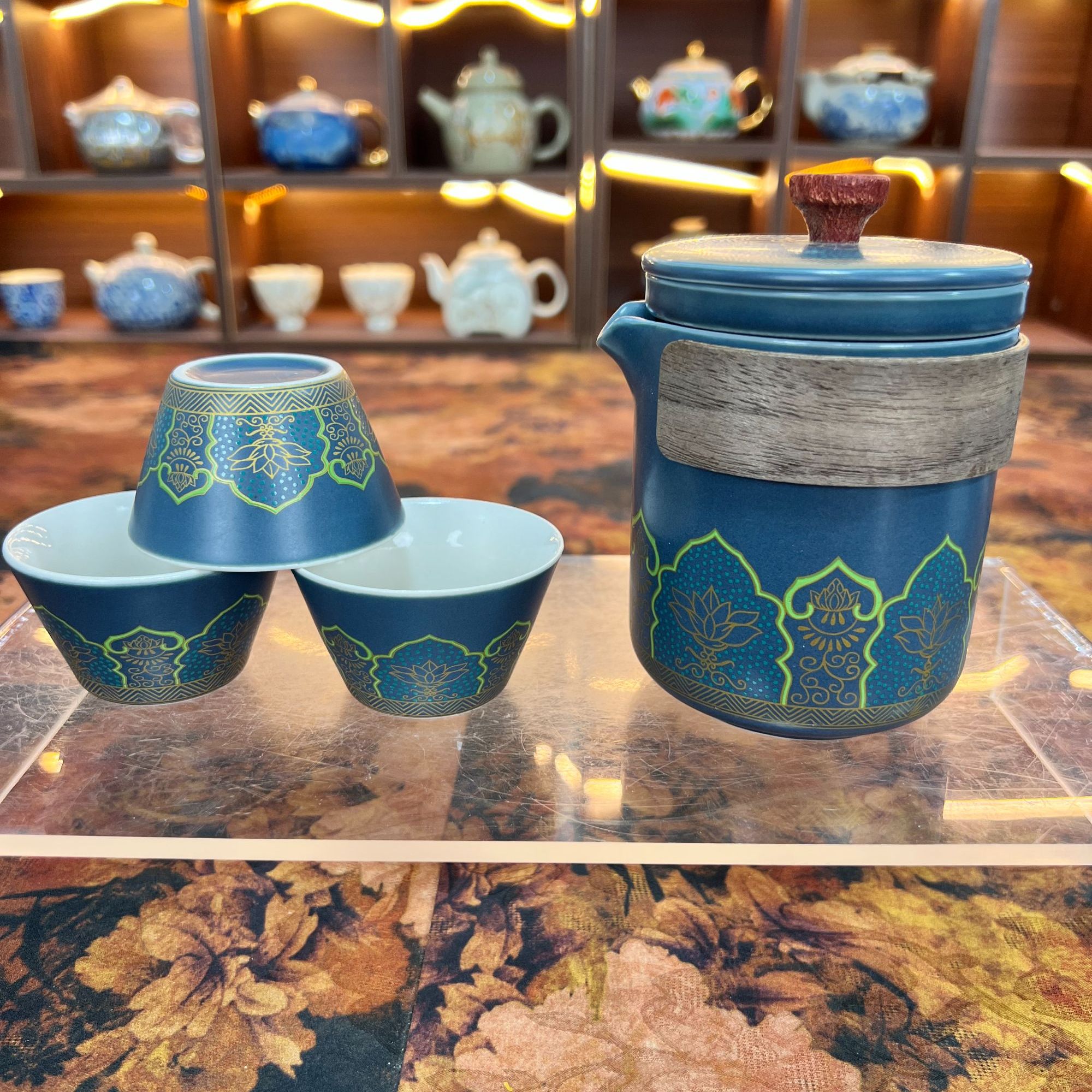 蓝宝相花快客一壶三杯带包325