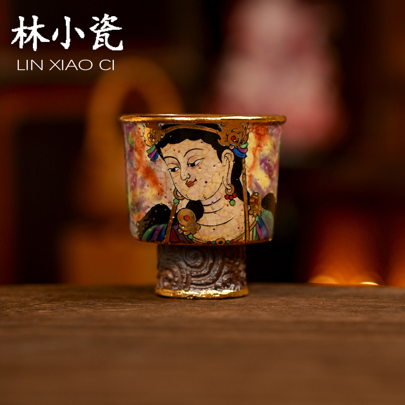 林小瓷禾泥造物手绘敦煌观音高足主人杯茶杯柴烧志野匣钵茶器