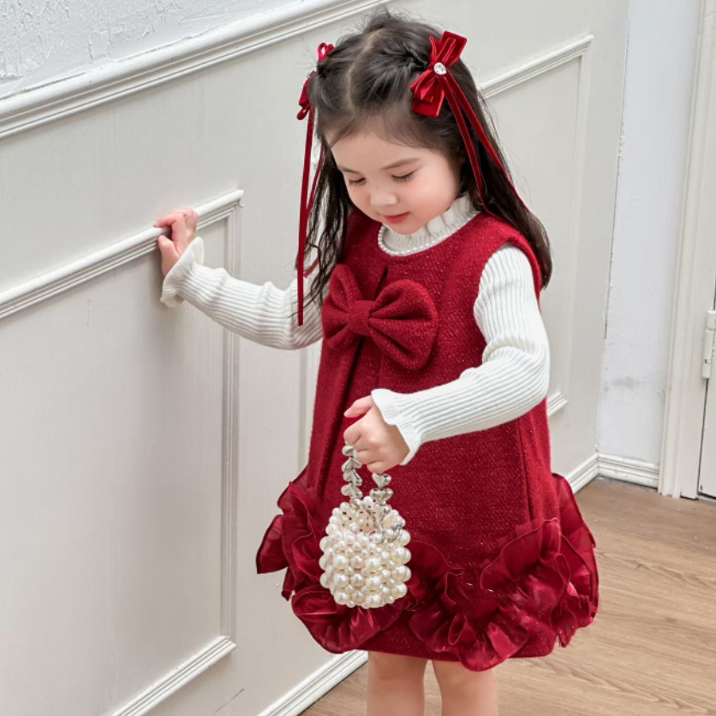 女童背心裙秋冬季红色蝴蝶结儿童装裙子宝宝洋气公主裙加绒马甲裙
