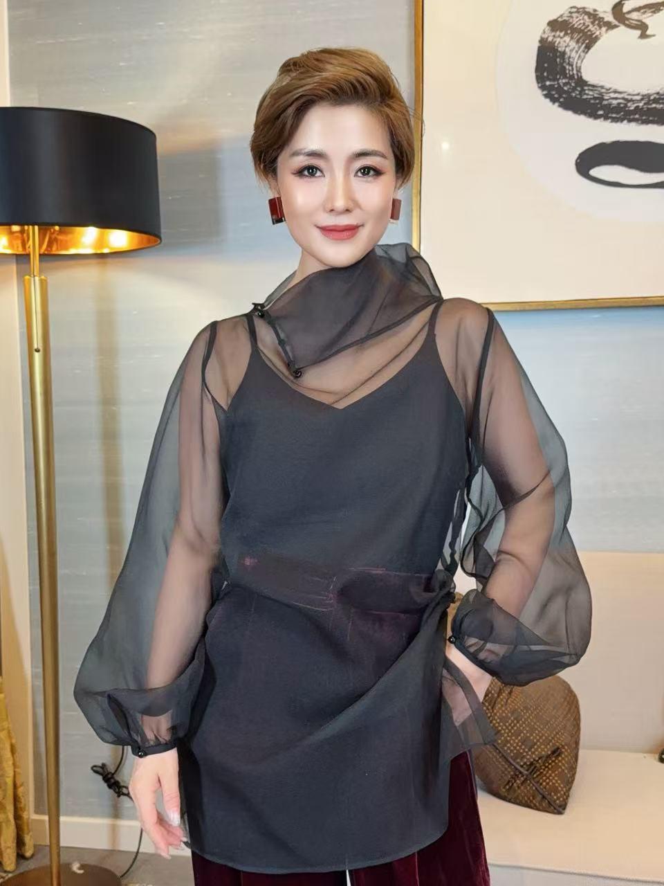 【顾文婷推荐】玉琼国风25 黑色高领透视内搭衬衫 DZ25A3407