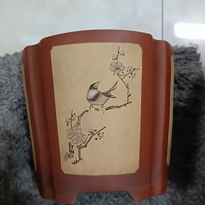 红陶明*四方签筒型花盆