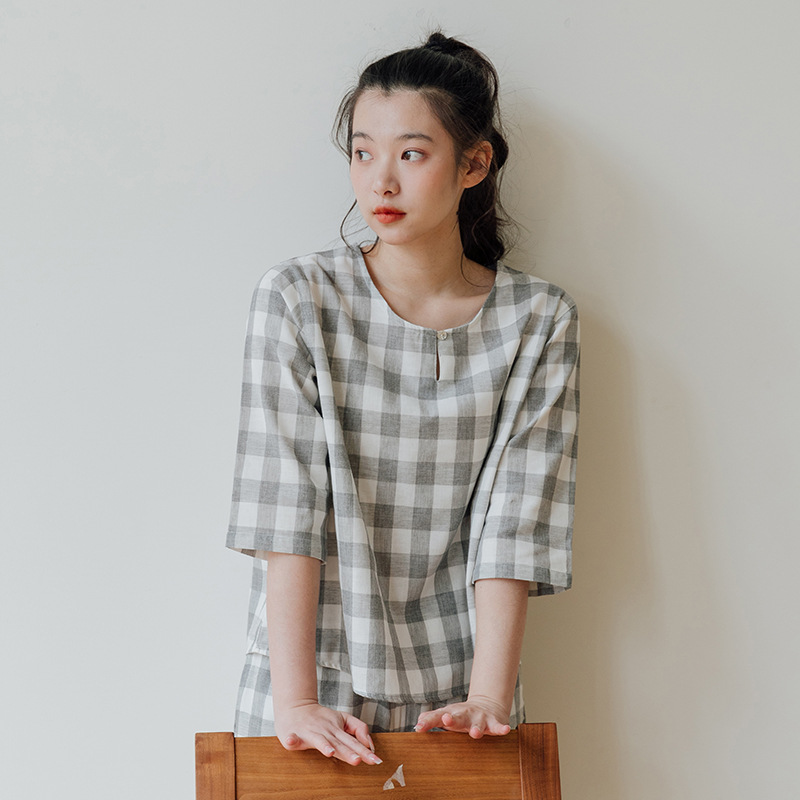 精细做工起居服女两件套简约格子套装家居服全棉短袖夏装格子圆领