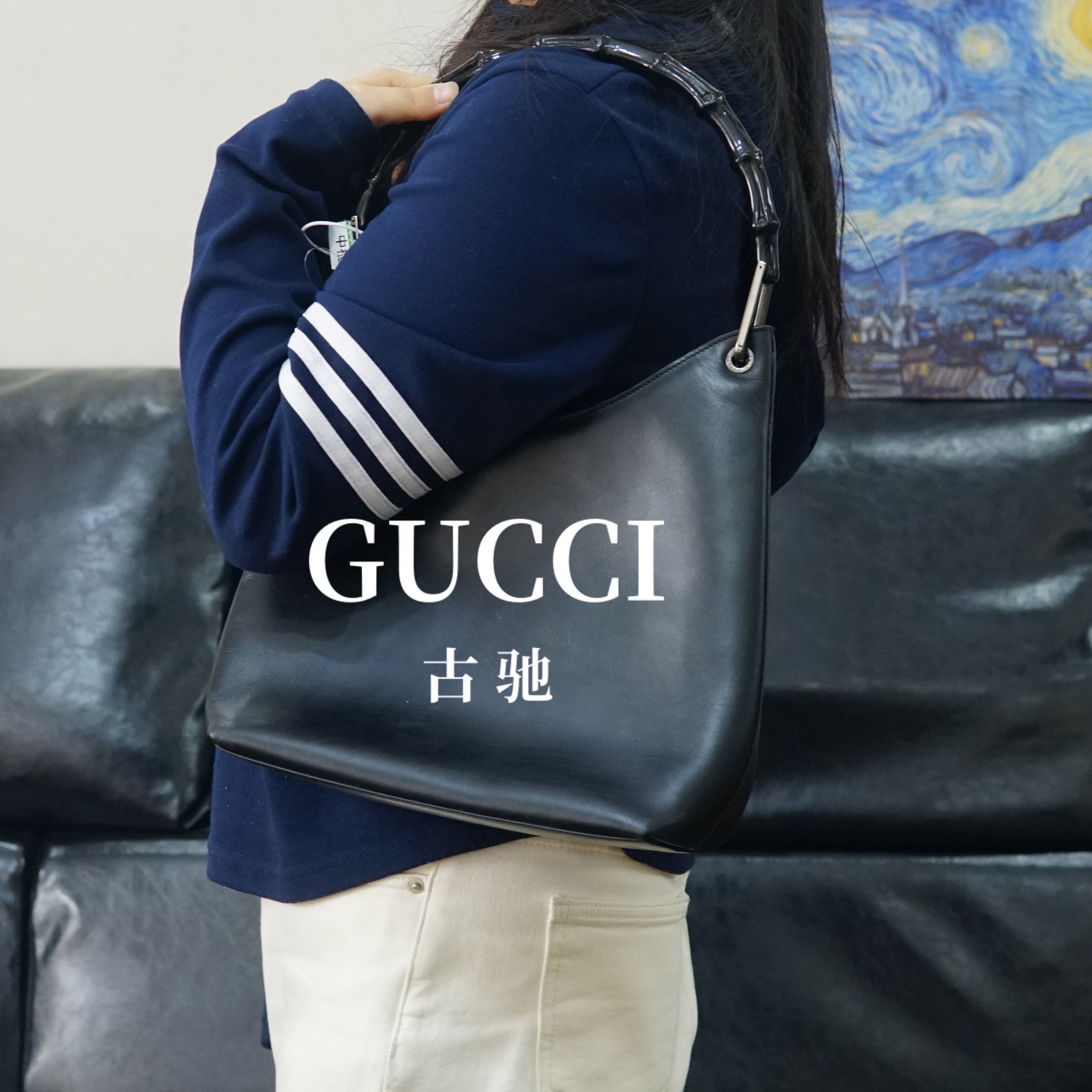 95新 GUCCI/古驰 黑色竹节单肩包/FYJJ10622074/2074