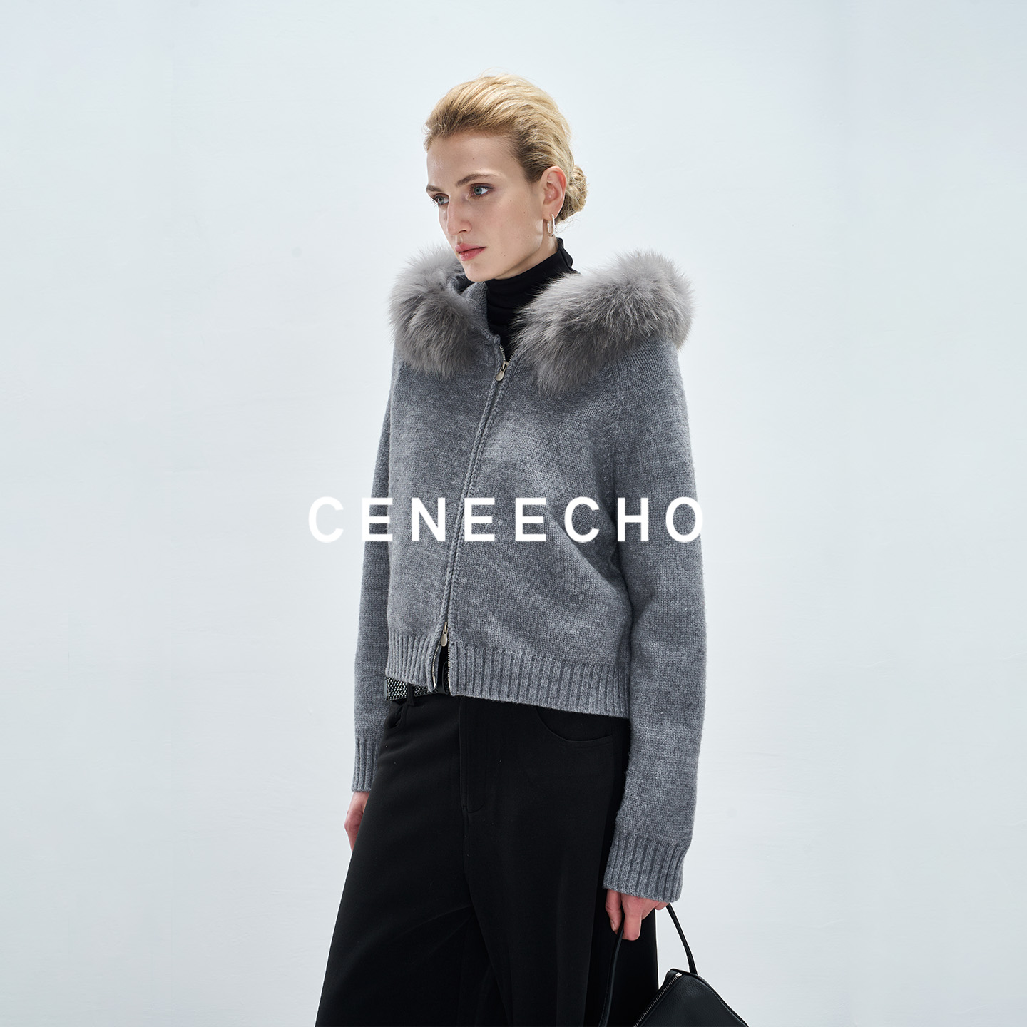 CENEECHO【SUSU系列】拉链开衫毛衣女长袖连帽毛领外套松弛感X009