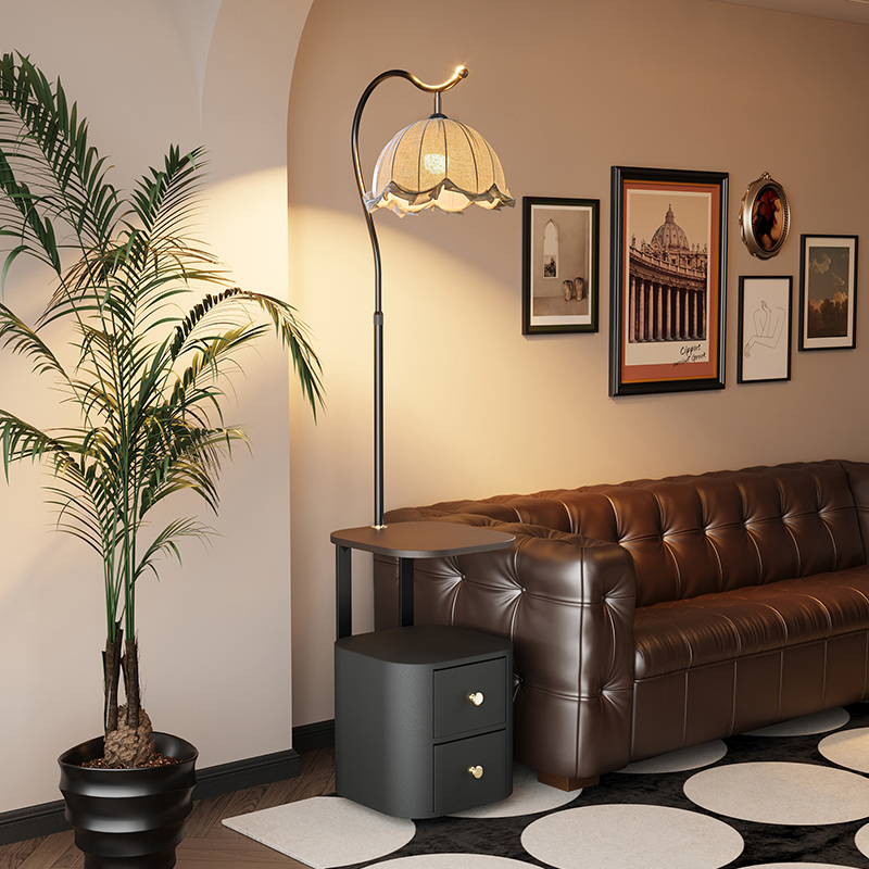 法式床头柜落地灯实木置物架一体立式台灯中古风卧室氛围茶几灯具