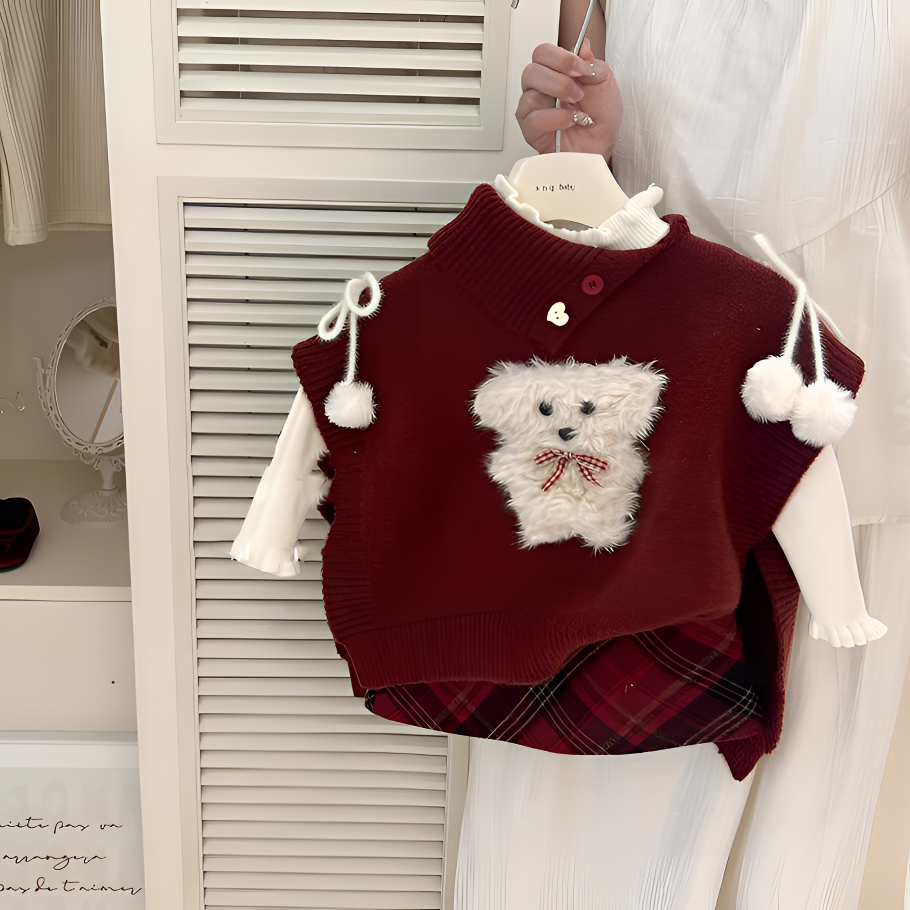 韩版女童2025冬款可爱红色圣诞新年小狗马甲斗篷女宝宝红格纹半裙