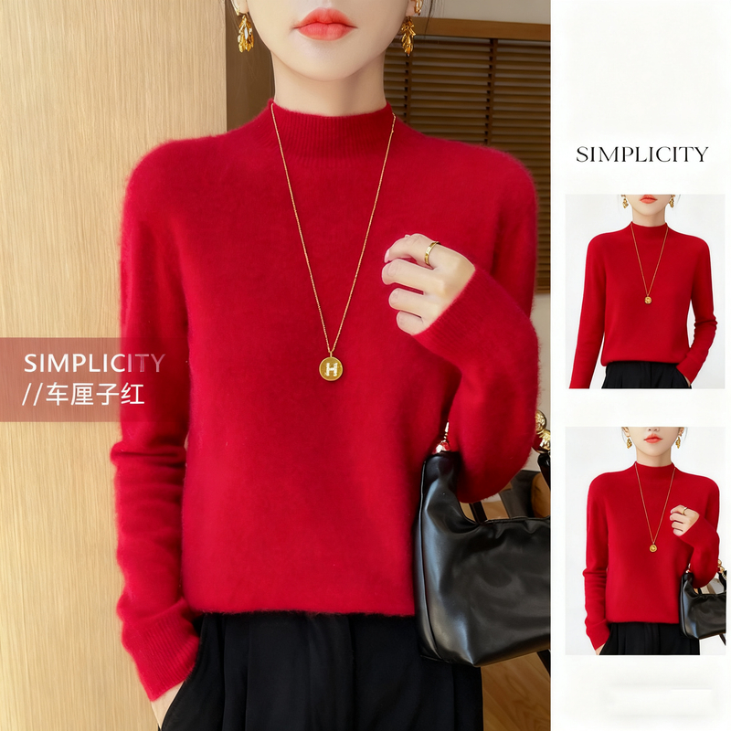 【一线成衣】女半高领保暖针织衫毛绒衫秋冬长袖毛衣纯色打底