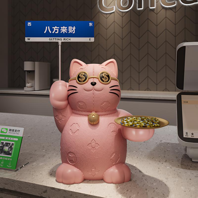 创意高档招财猫托盘摆件客厅电视柜公司店铺收银台大号装饰品摆设