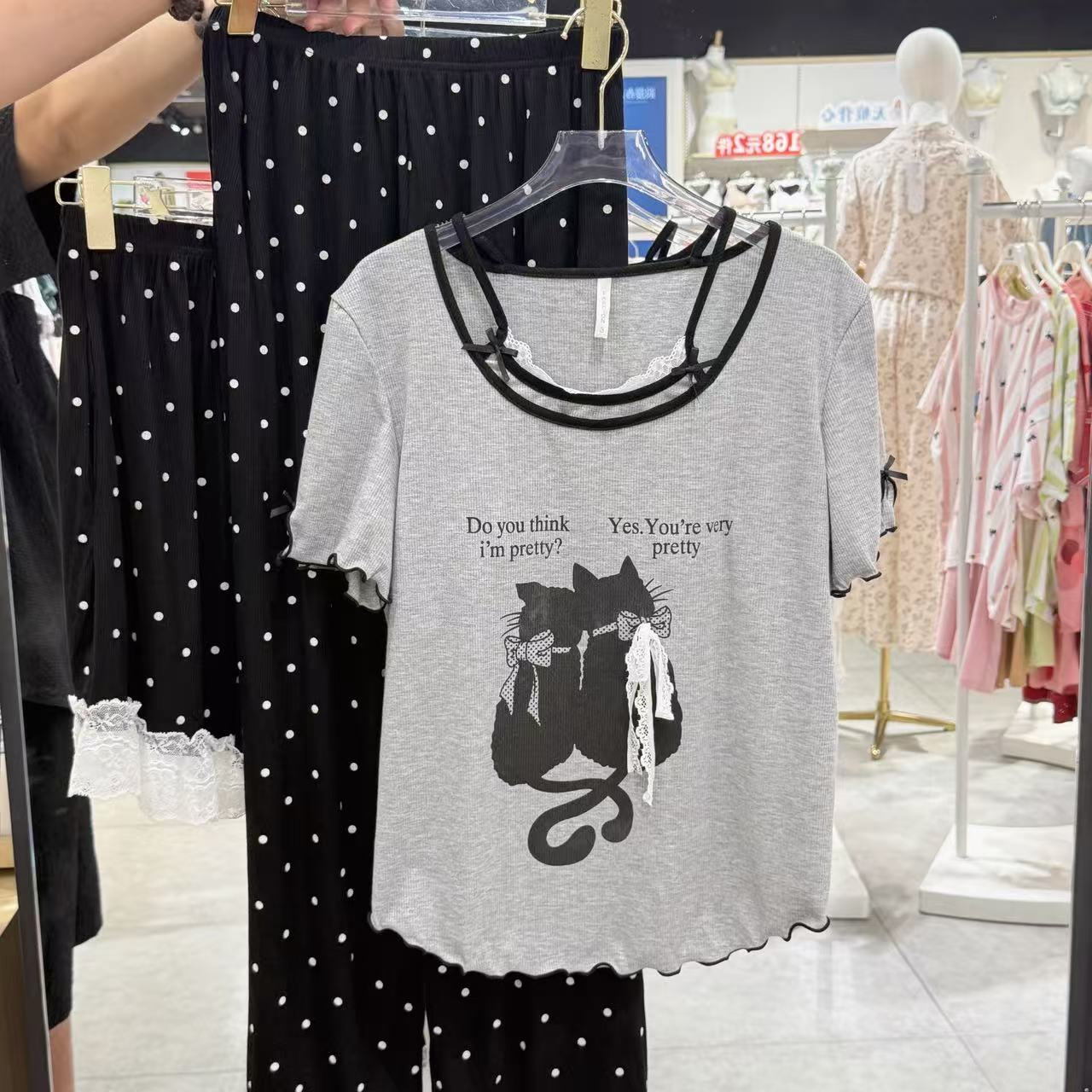 夏季新款小黑猫假两件短袖带杯垫三件套睡衣可爱减龄透气套装2206