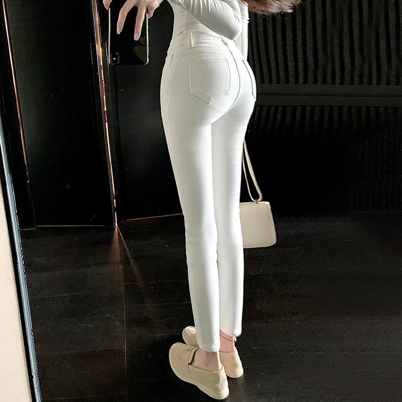裤长104cm 韩系修身小白裤高个子紧身高腰提臀加绒小脚裤牛仔裤潮
