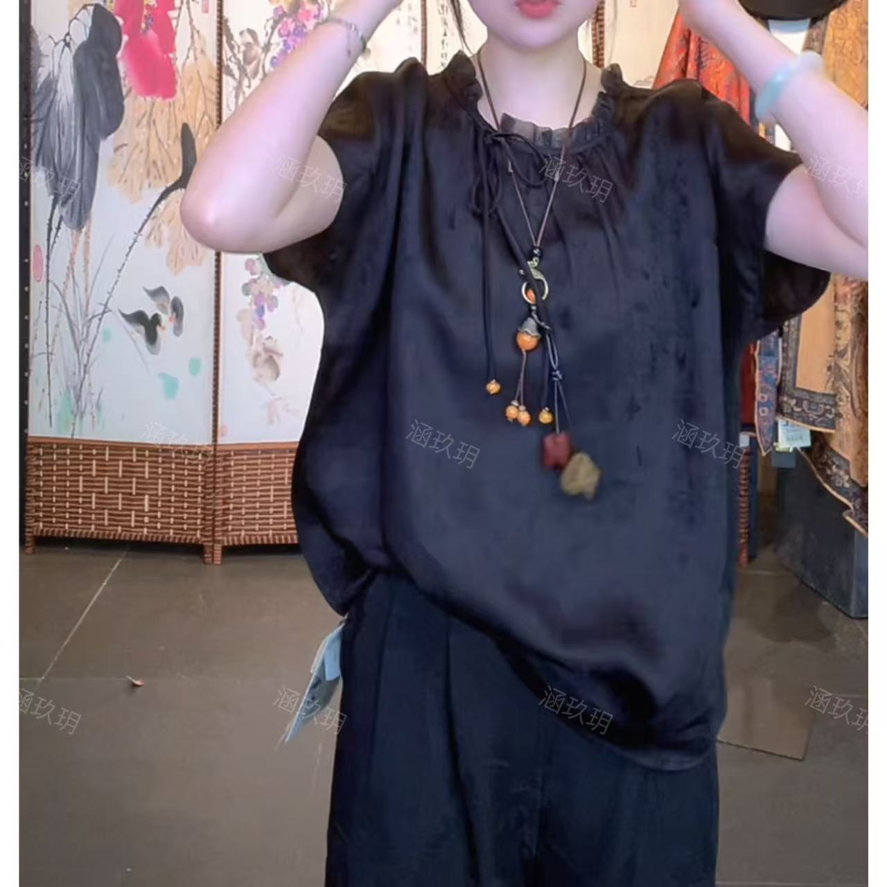 涵玖玥【桑蚕丝】香云纱 四面穿喜上眉梢重磅短袖上衣苏02-88891