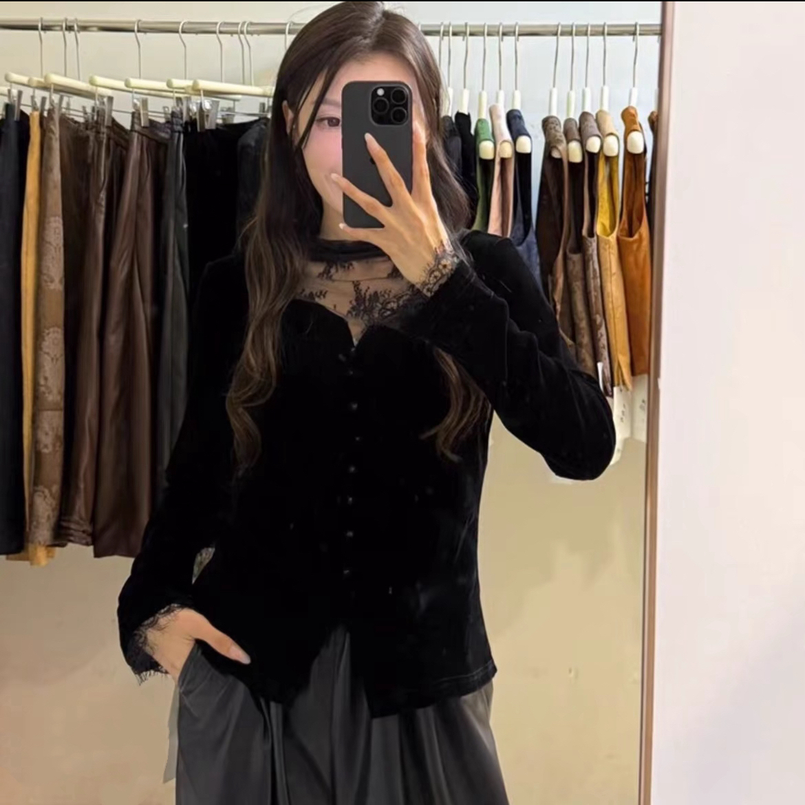 蕾丝拼接丝绒T恤女2025秋季新款新中式国风打底衫上衣女