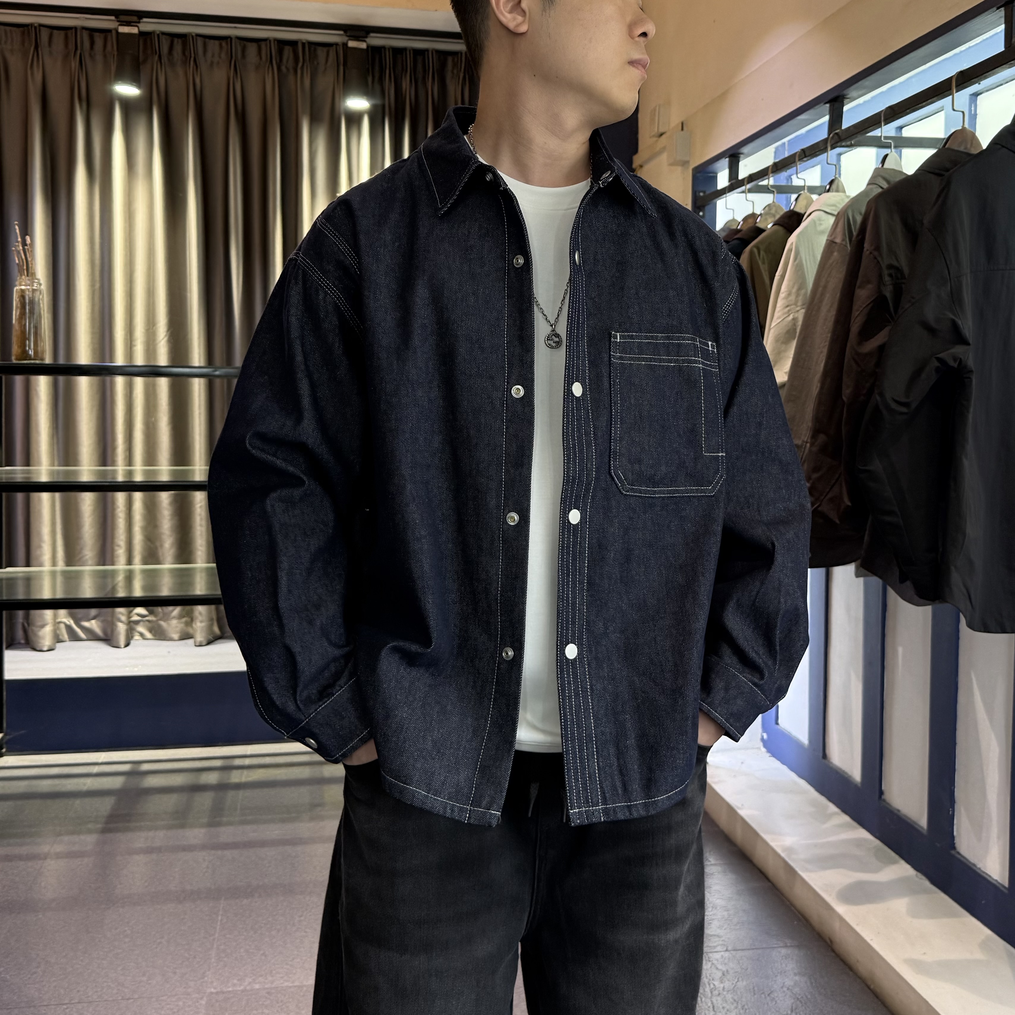 KP-X明线牛仔棉服夹克冬季经典水洗翻领日系复古休闲男士衬衣外套