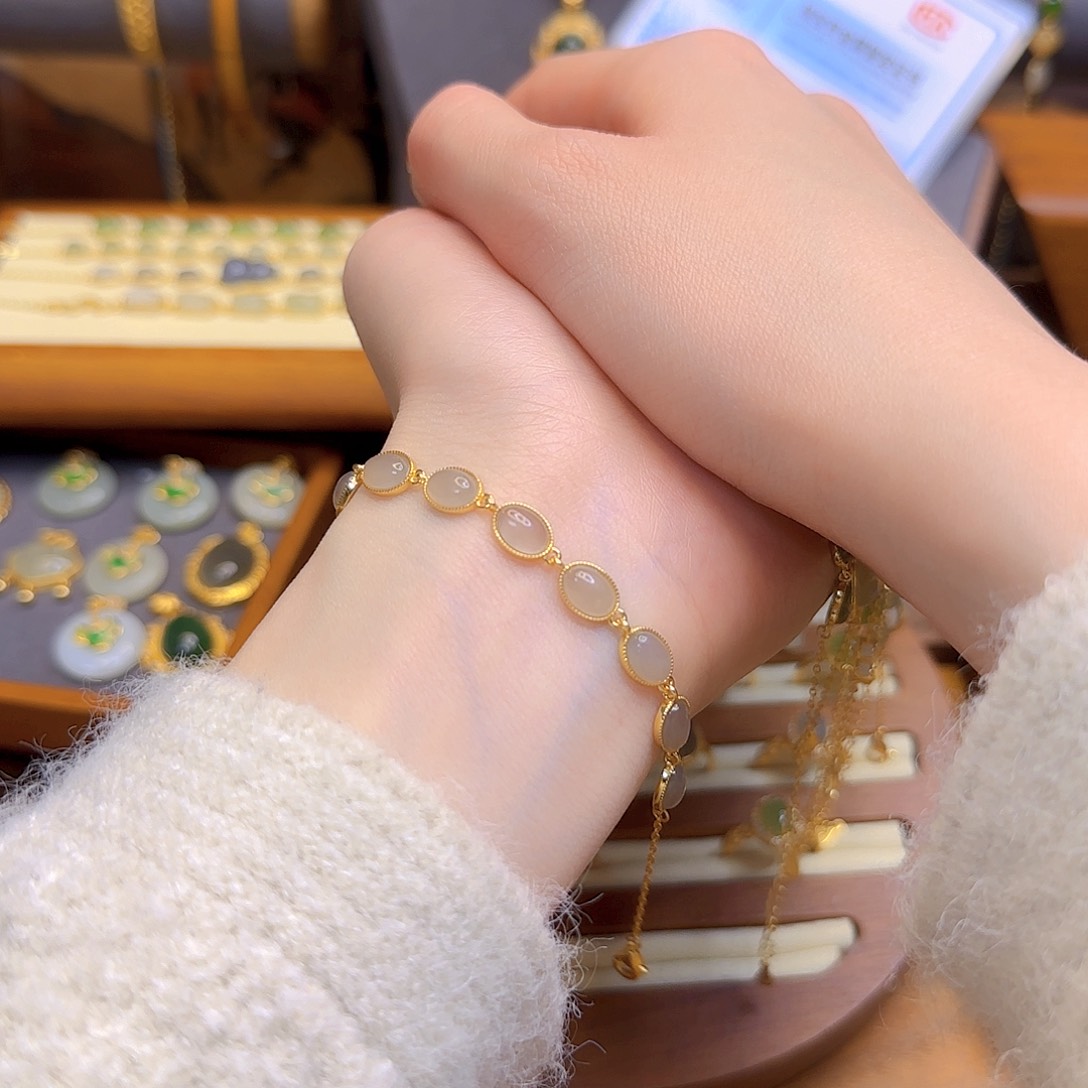 和田玉手链银S925镀金镶嵌