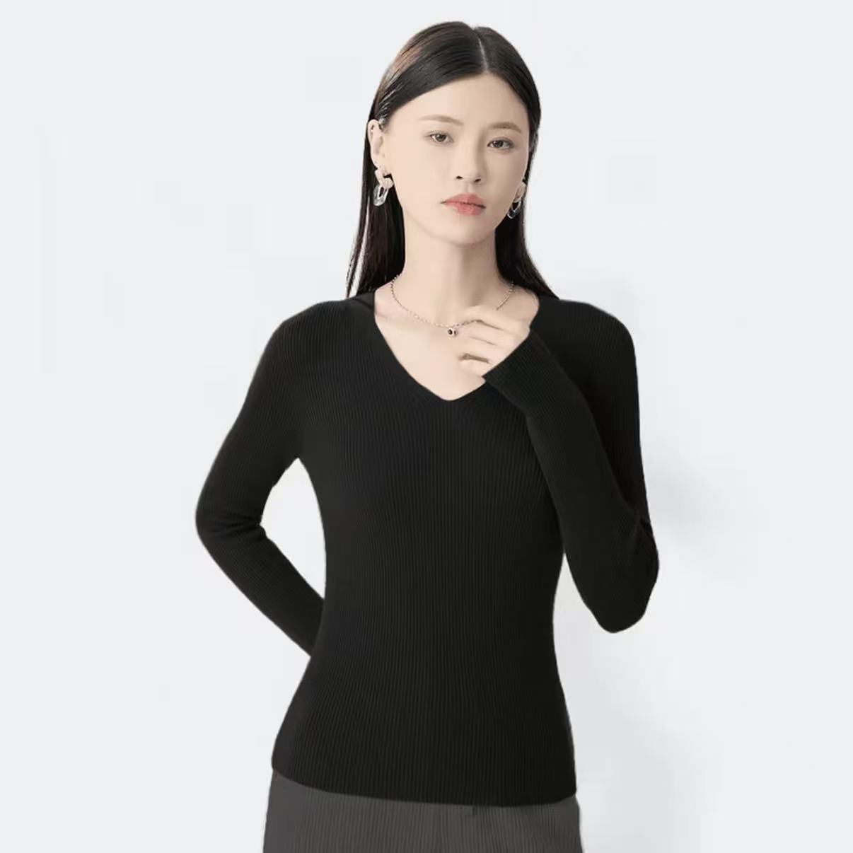 GIRDEAR/哥弟新款V领修身一体成型长袖显瘦套头针织衫女1399771