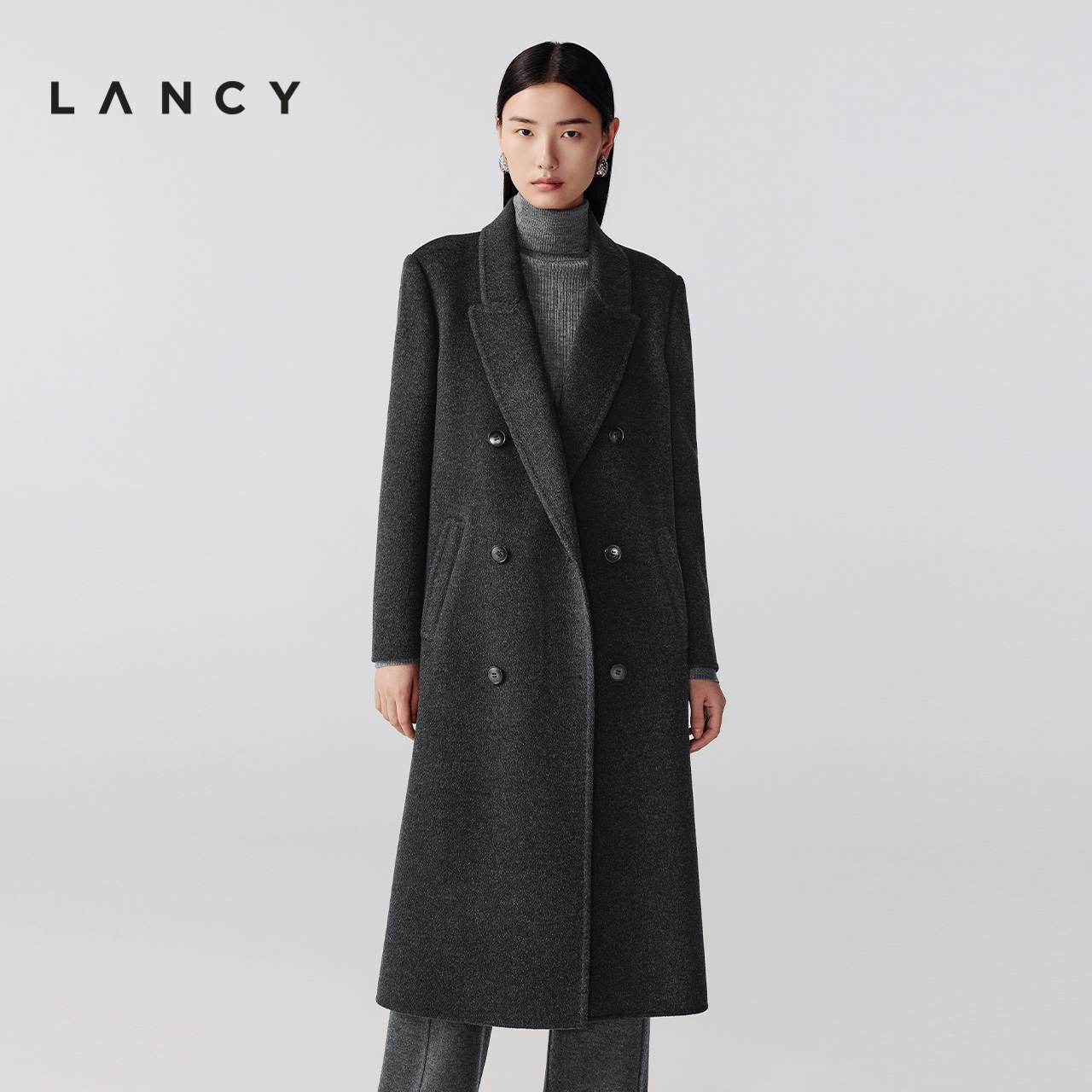 【羊毛羊绒】LANCY/朗姿2025冬新款双面呢西装领长大衣百搭外套女