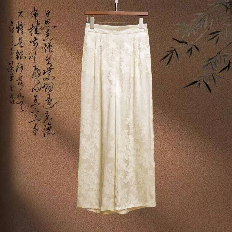 米白提花垂感显瘦阔腿裤休闲长裤女半松紧腰显瘦直筒裙裤秋390