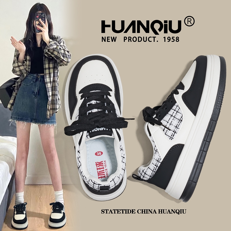 环球小香风板鞋女款2025新款春季千鸟格休闲鞋子百搭厚底熊猫板鞋