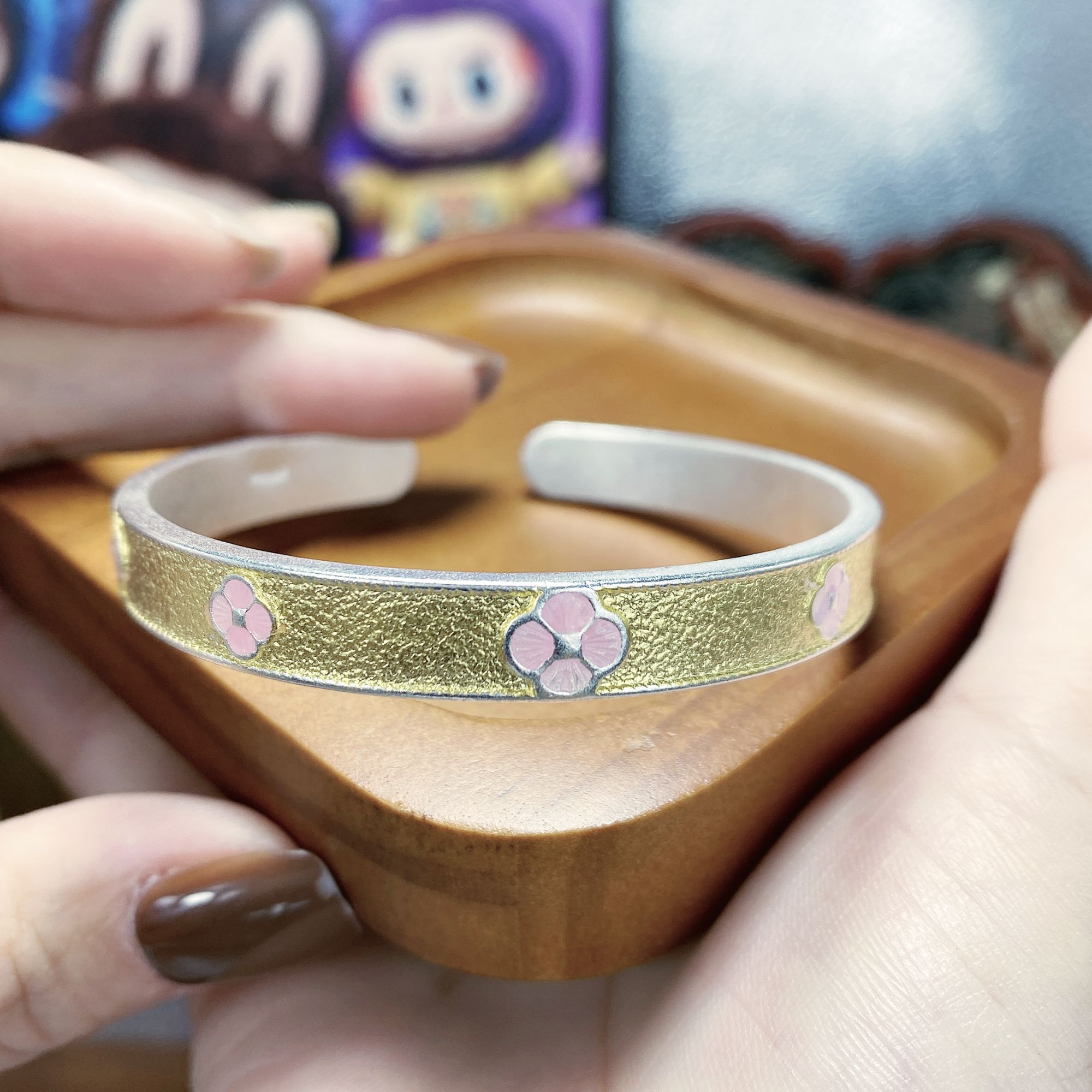 足银手镯 33号【桃花】足银999手镯珐琅彩新中式纯银实心开口26克