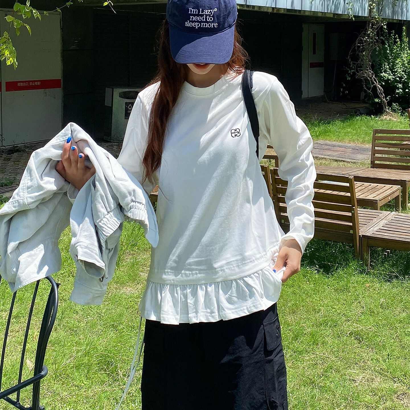 学院风白色长袖t恤女早秋春季花边下摆设计感打底衫休闲显瘦上衣