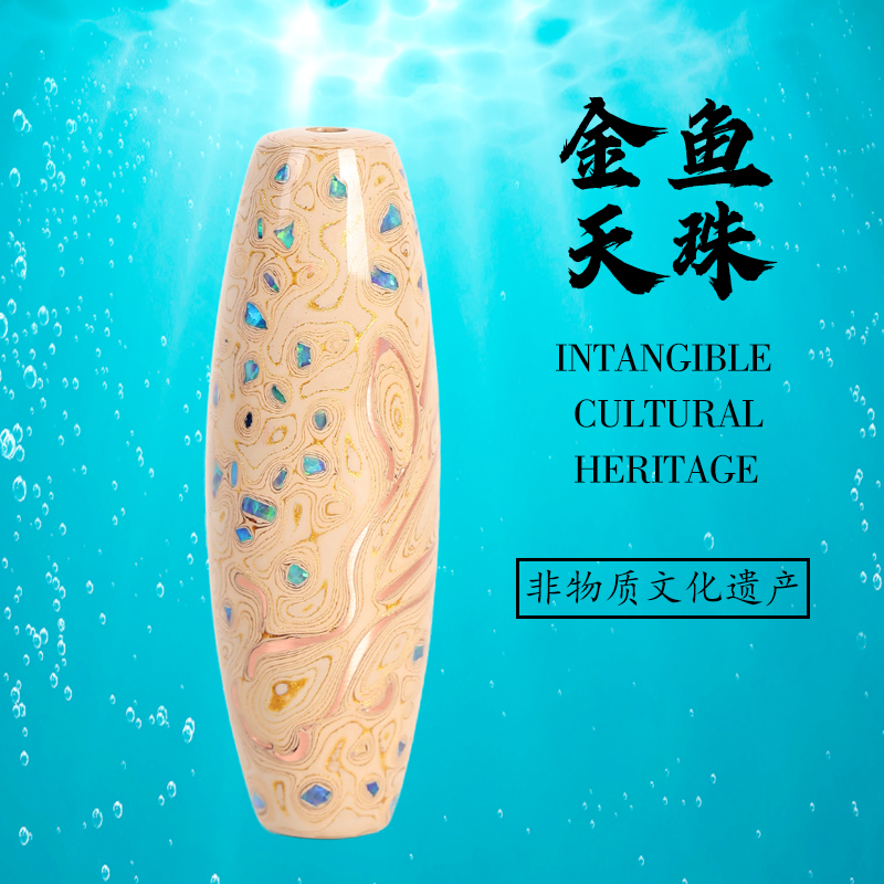 非遗大漆珠铜丝40mm金鱼天珠螺钿文玩复古漆器吊坠佛珠项链漆艺