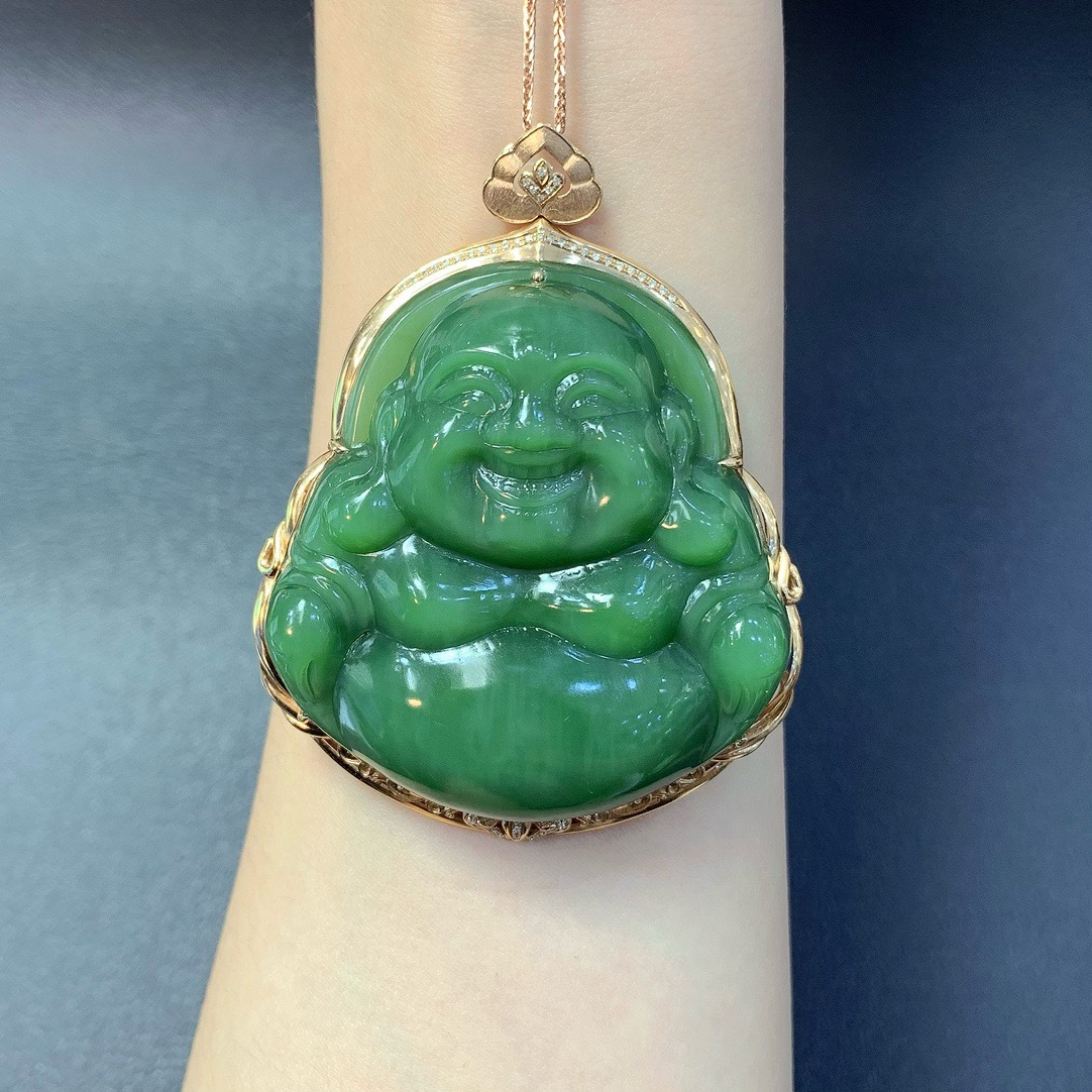 18 k金镶嵌和田玉碧玉猫眼佛公气质时尚