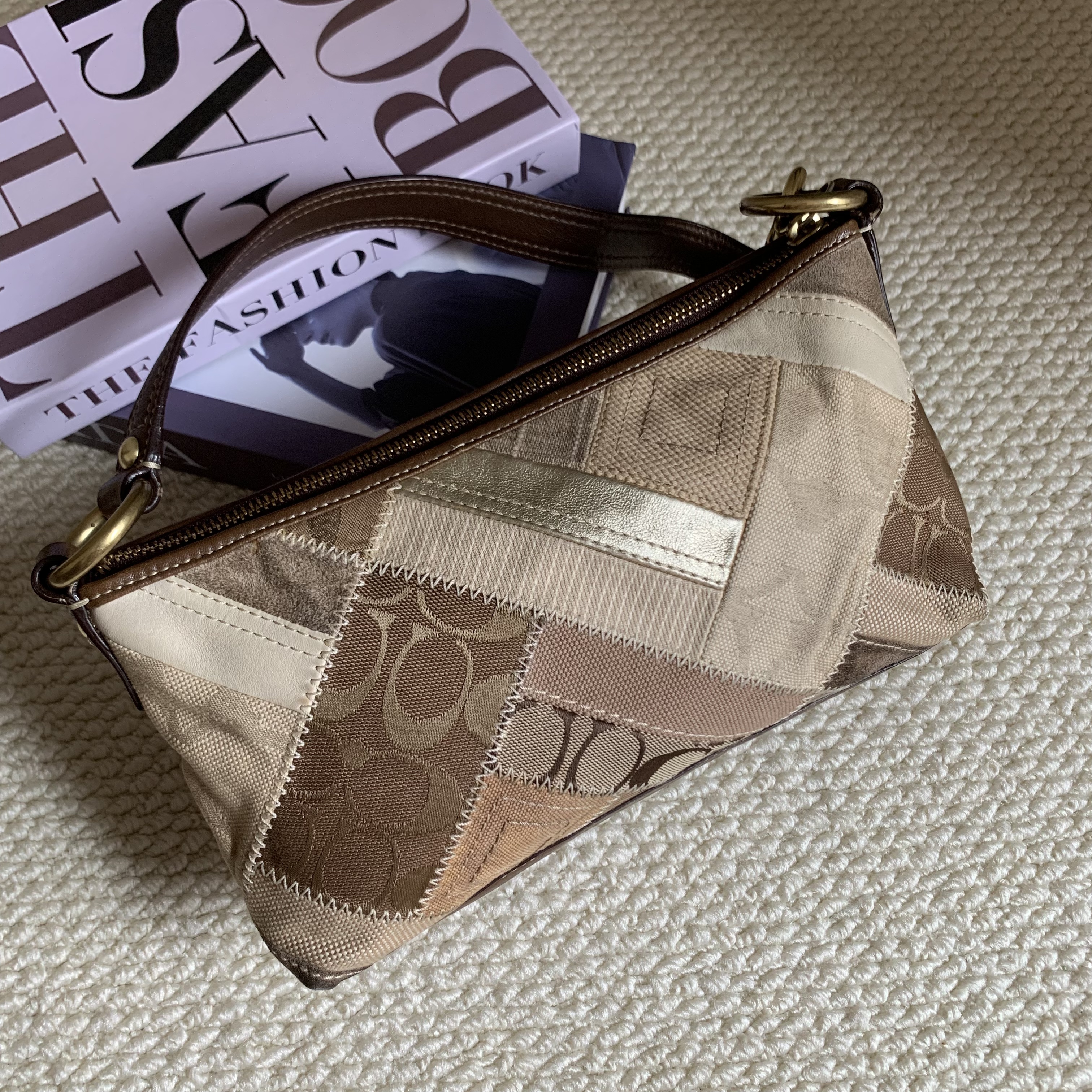 95新 COACH/蔻驰 高稀款拼接帆布拼皮麻将手提单肩腋下包