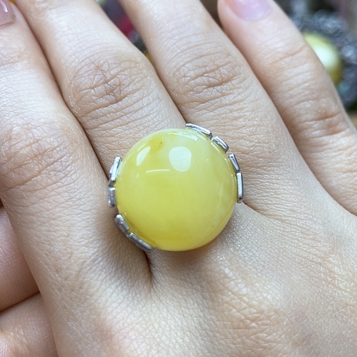 琥珀戒指银S925镶嵌戒指