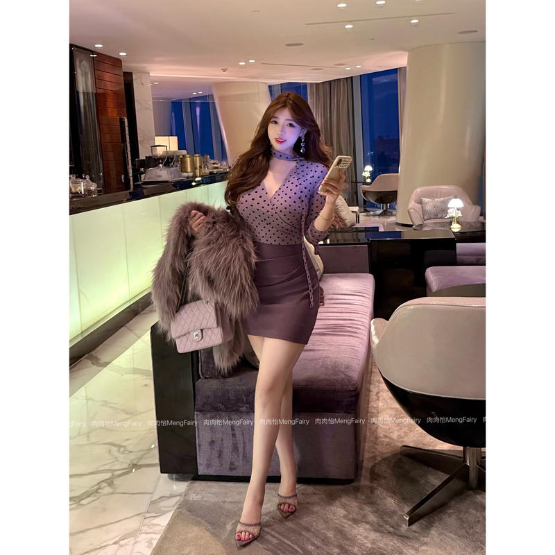 萌面侠肉肉怡 现货【美艳杀手】波点性感辣妹双层撞色连衣裙5653B