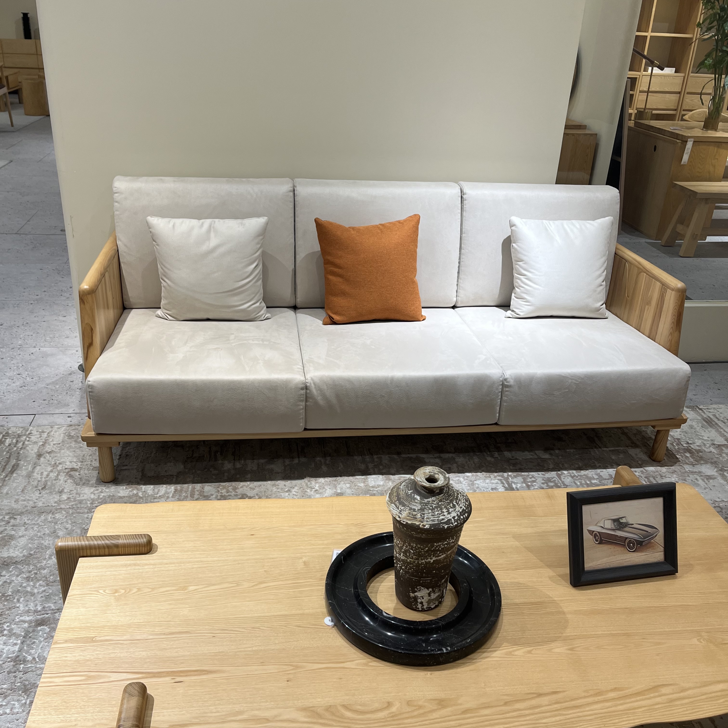 侘寂风实木直排沙发组合氛围感三人位沙发民宿酒店家具原木中古风