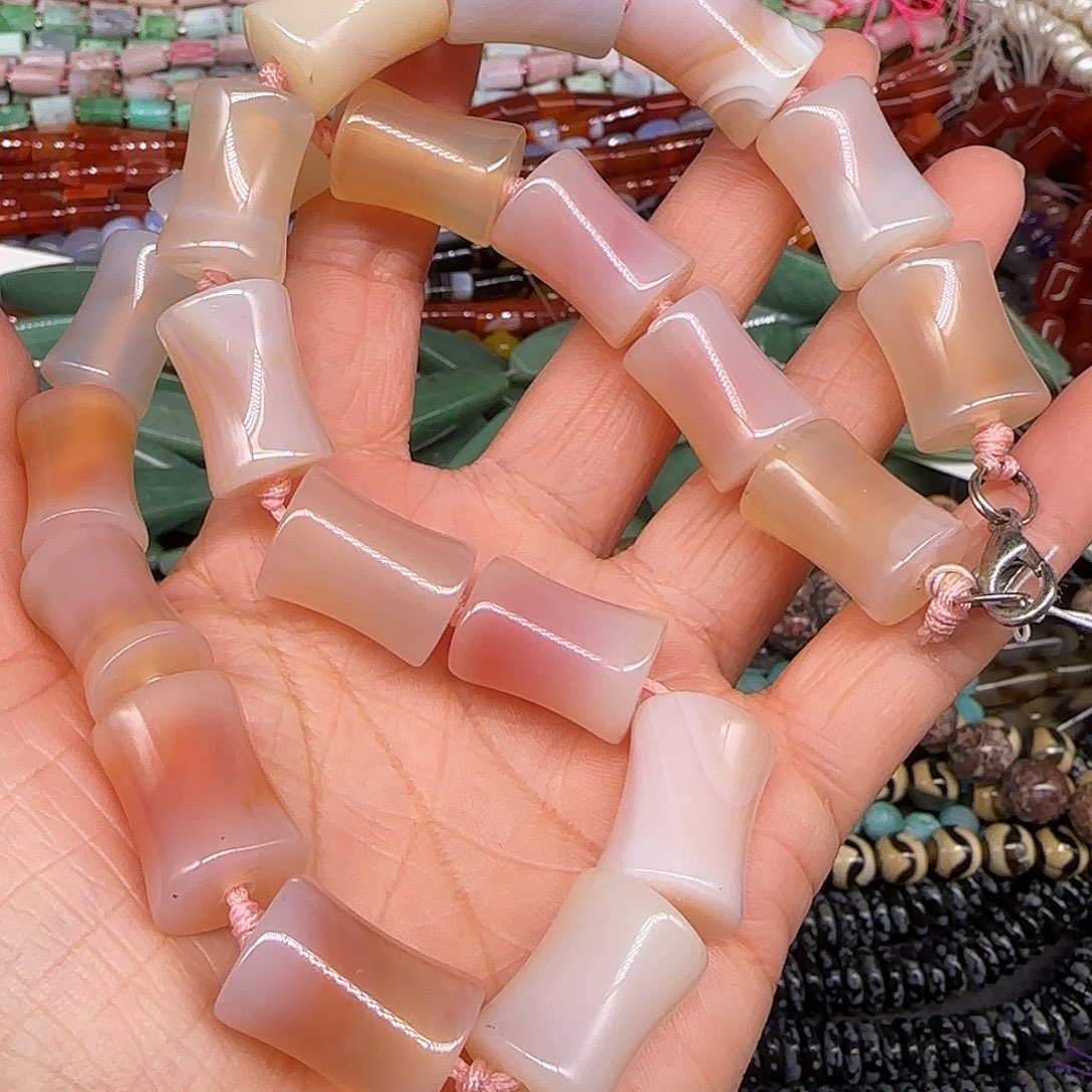 玛瑙/玉髓合金珠宝半成品粉玛瑙竹节12-19mm一条