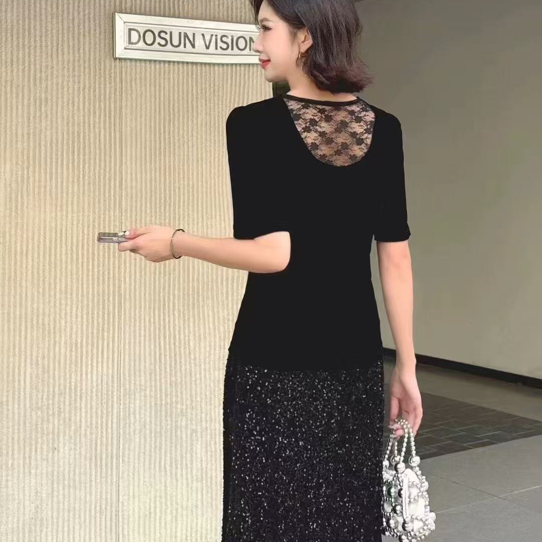 miu系修身型短袖性感秋季夏季T恤显瘦黑色丝绒常规款包臀优雅常规
