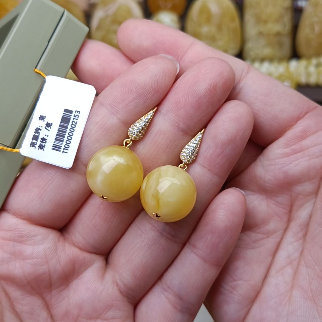 蜜蜡耳坠银S925镶嵌15圆珠