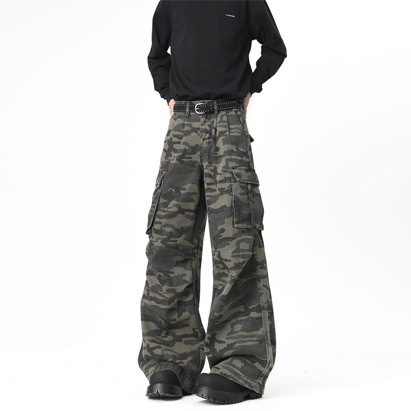 军绿色工装迷彩裤男春季美式高街多口袋裤子hiphop痞帅宽松微喇裤
