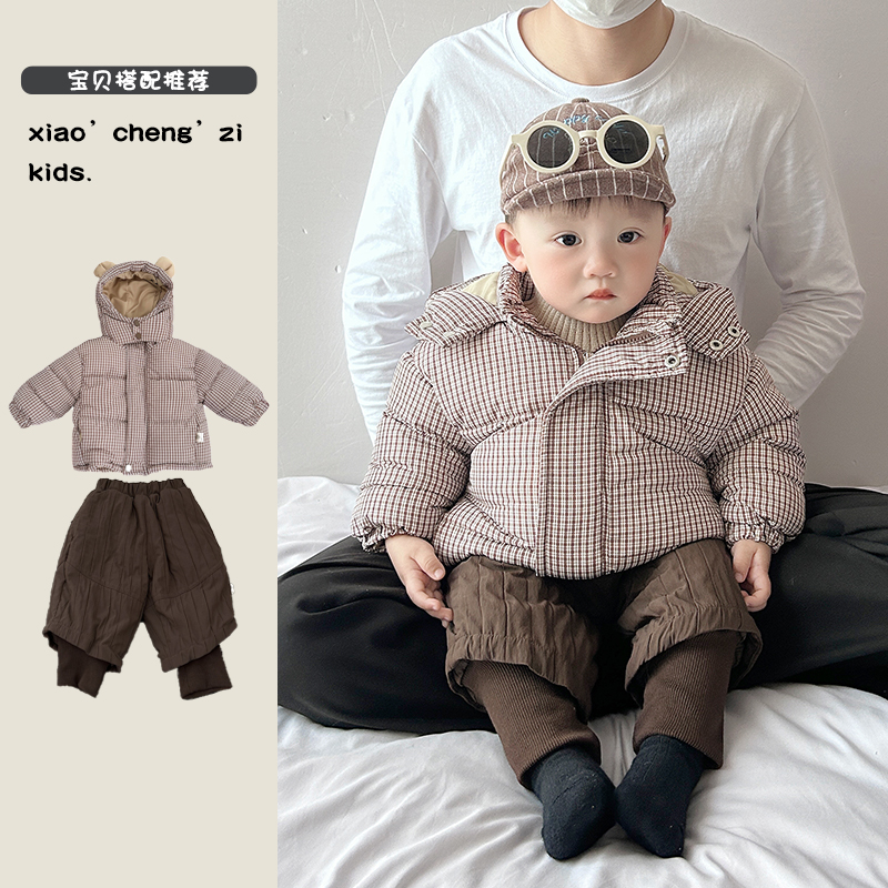 T25D181冬款小格子棉服短款男女宝通用立领连帽男童保暖厚款韩版