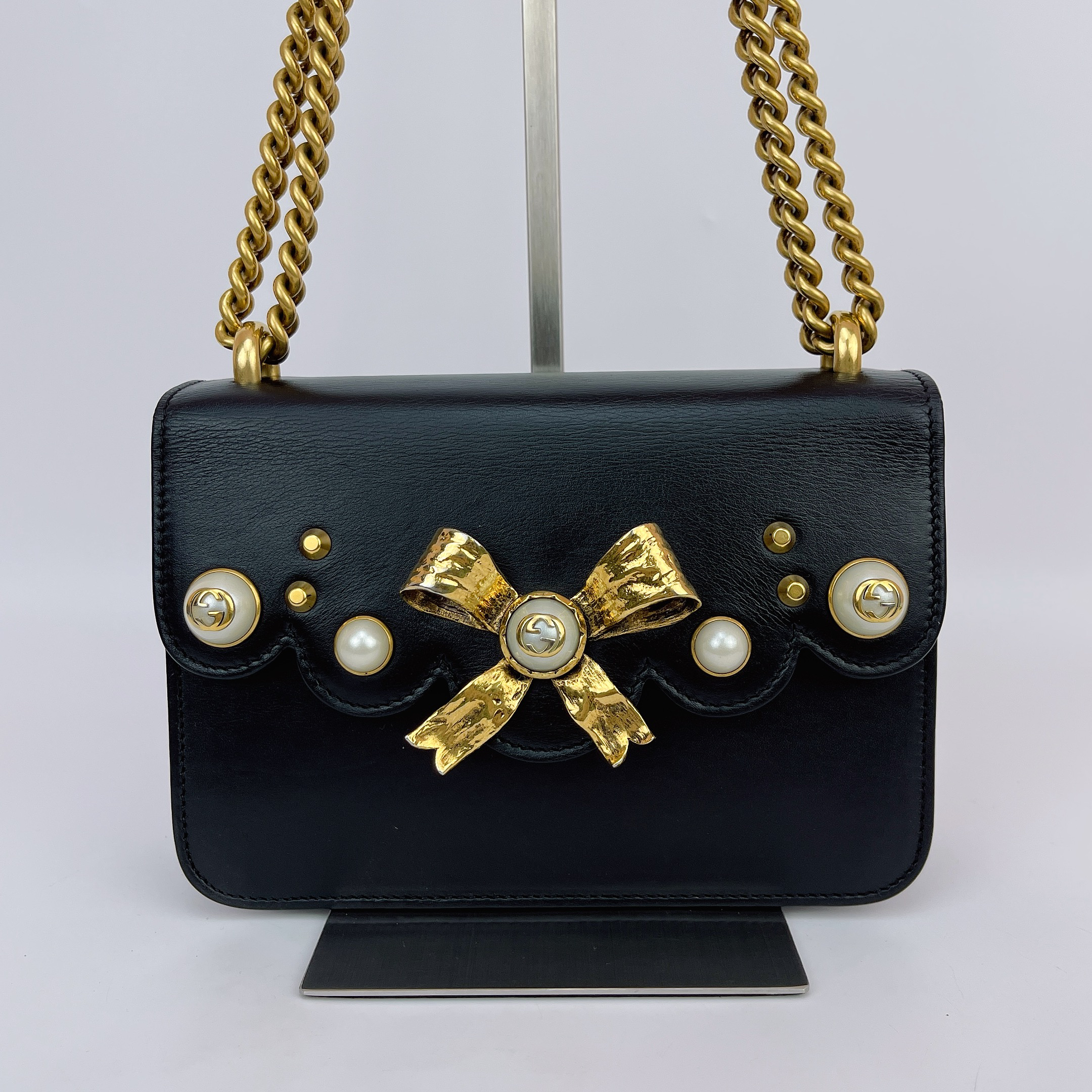 95新 GUCCI/古驰 古驰 黑色珍珠蝴蝶结单肩包底19  M522