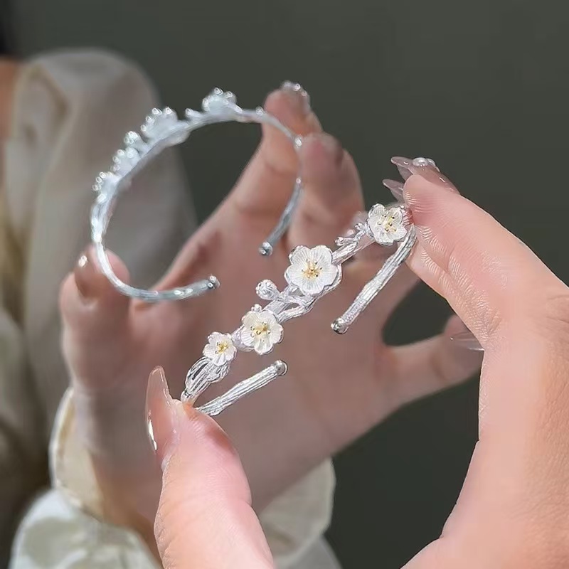 足银手镯 慕锦【S179】新款古风小清新对珠梅花手镯甜美简约礼物