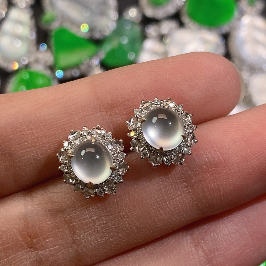 翡翠耳饰18K金镶嵌天然缅甸A货翡翠