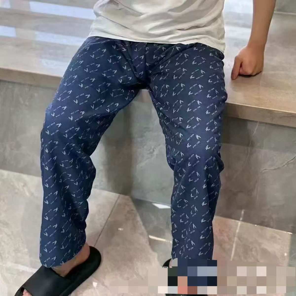 大码男士带口袋睡裤春夏薄款可外穿印花直筒裤家居长裤防蚊裤