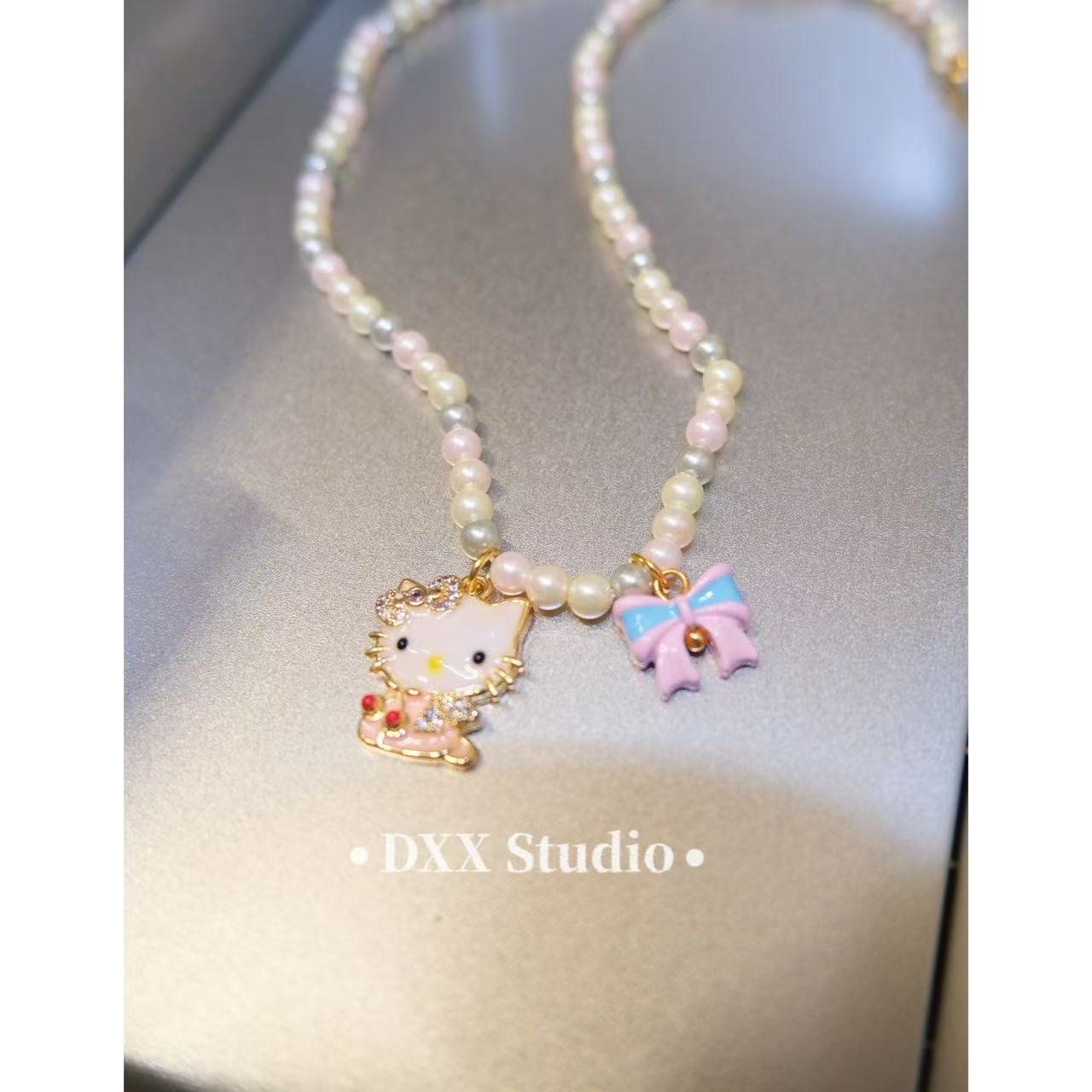 铜合金仿珍珠项链 小众设计Kitty猫蝴蝶结可爱百搭项链45415