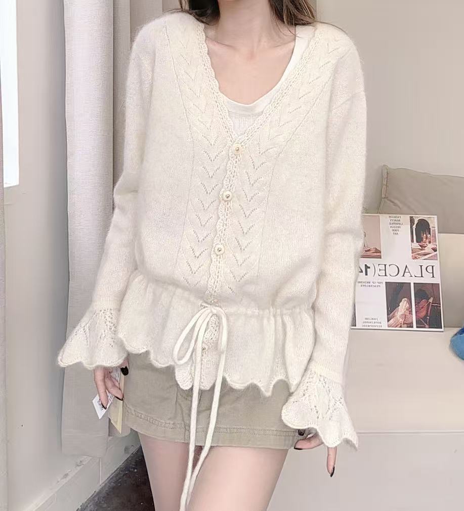 【100山羊绒】拉绒工艺251451-慵懒风时尚纯手工钩花V领针织套头衫