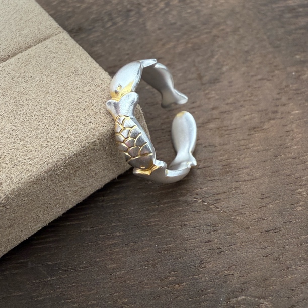 足银戒指 足银手工描金小鱼戒指年年有鱼胖鱼戒指