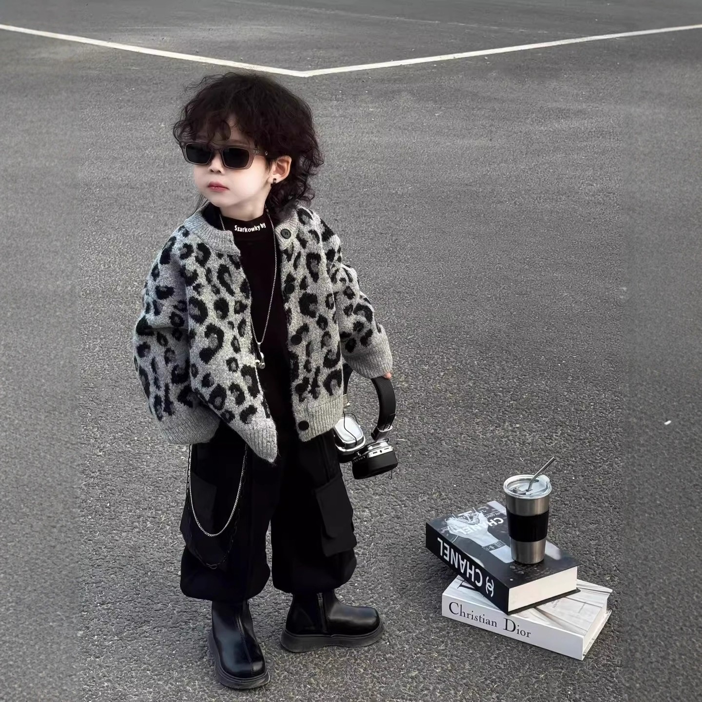 男童豹纹毛衣开衫套2025秋装新款儿童洋气针织外套宝宝时髦三件套