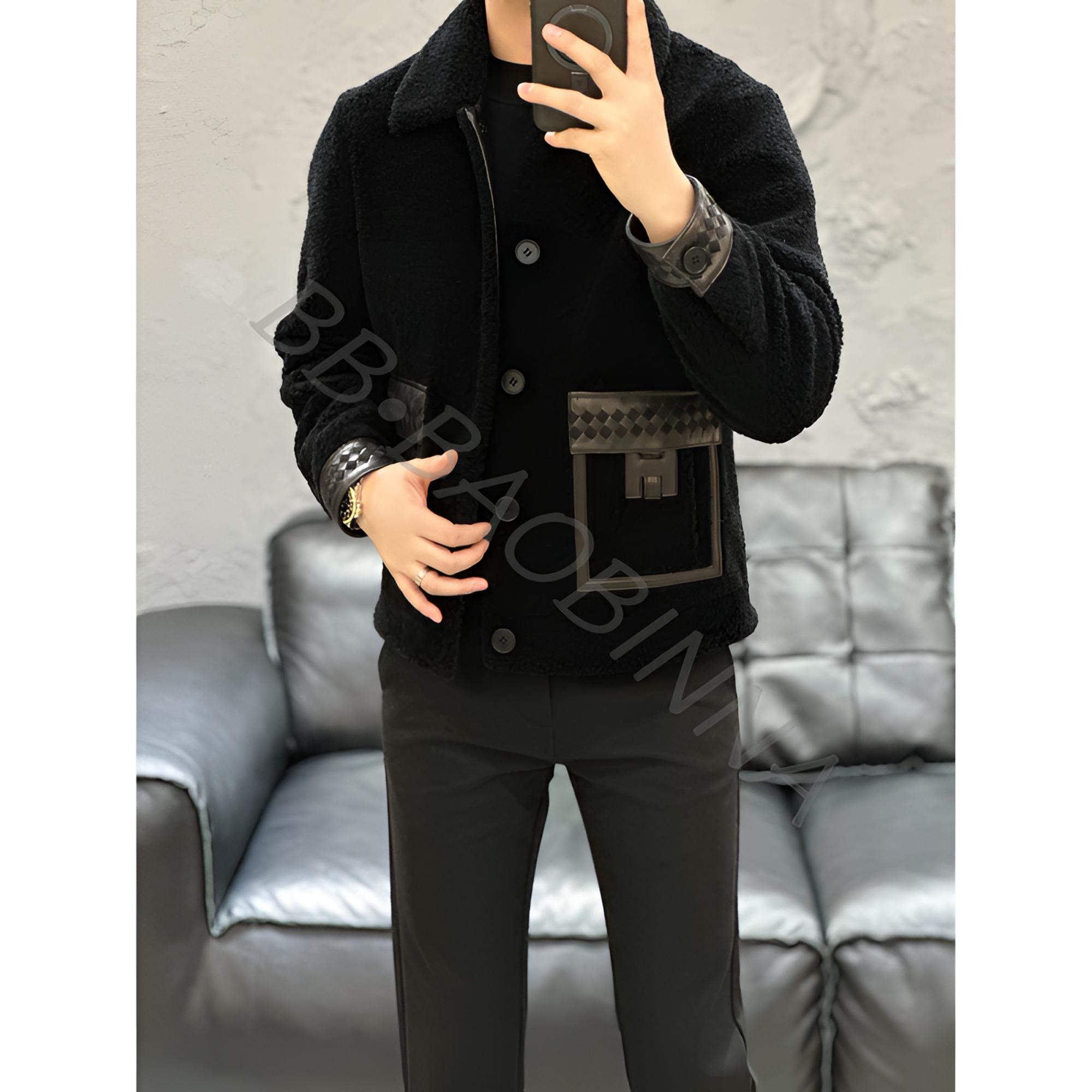 小野· 男装 | "设计师款"时尚羊毛100%拼皮翻领休闲外套25212